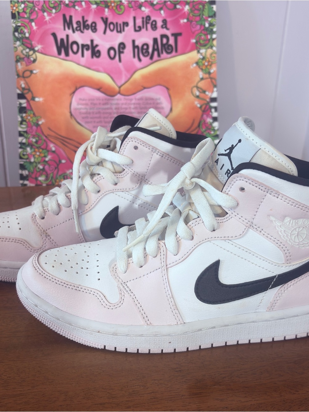 Women's Air Jordan 1 Mid Barely Rose Size 7 Black Swoosh Nike